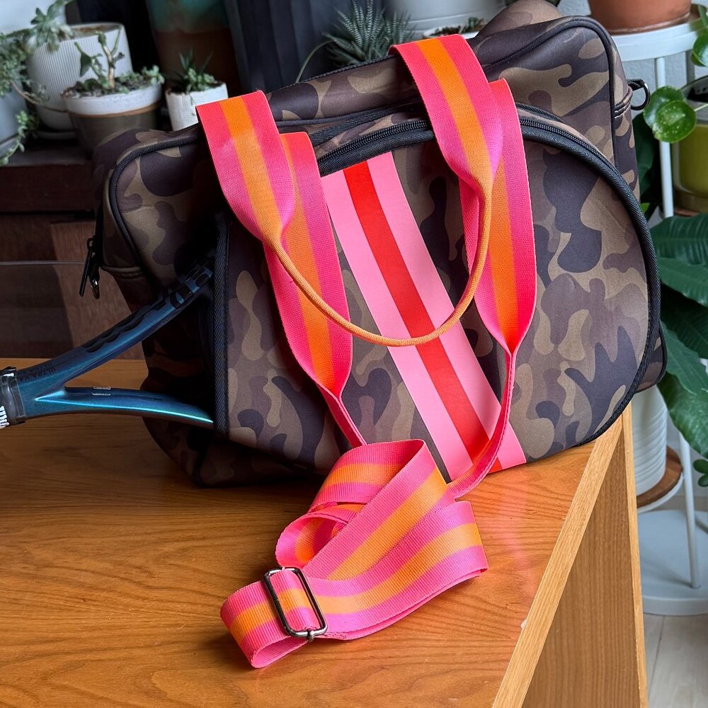 Haute Shore Billie Showoff Neoprene Camo Tennis Bag Pink Orange Stripe Tote